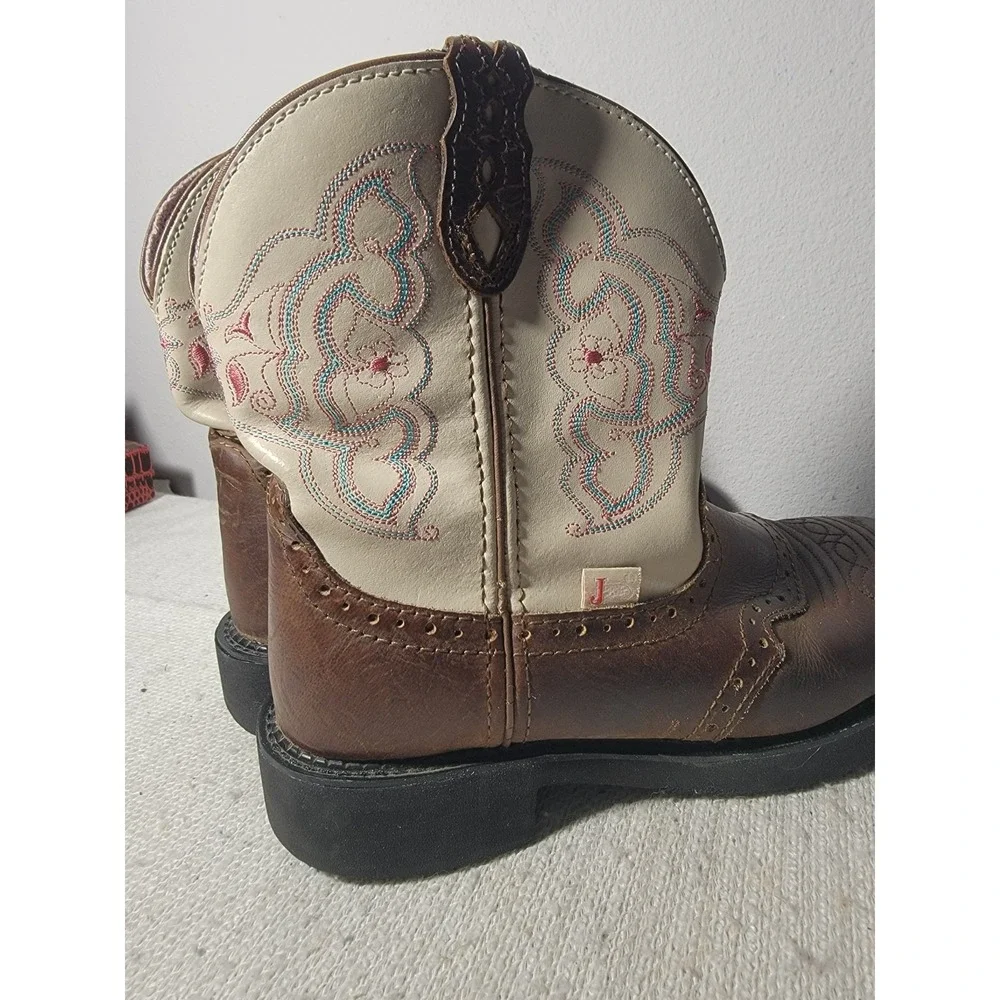 Justin Gypsy Boots Womens 9 B Brown Cream Leather Western Cowgirl Embroidered